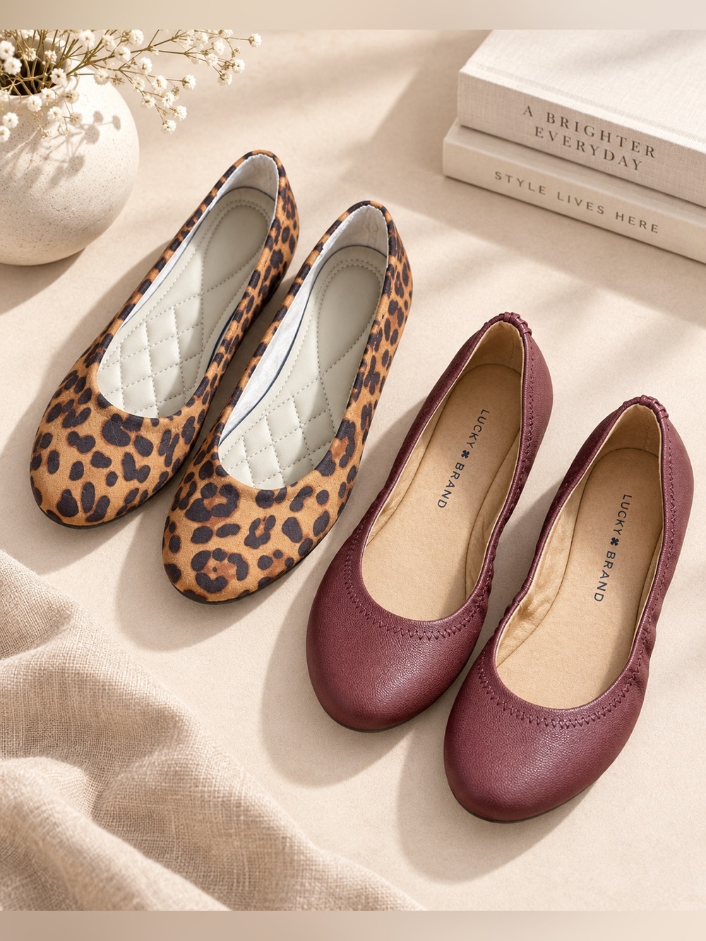 2 Pair Womens Ballet Flats Lucky Brand Brown Leopard Print Shoes EU 37/38